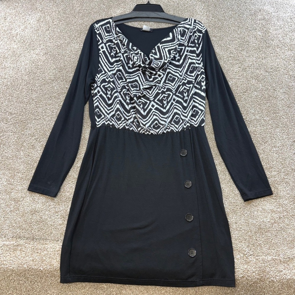 Venus Black White Geometric Cowl Neck Long Sleeve Faux Wrap Dress Large L